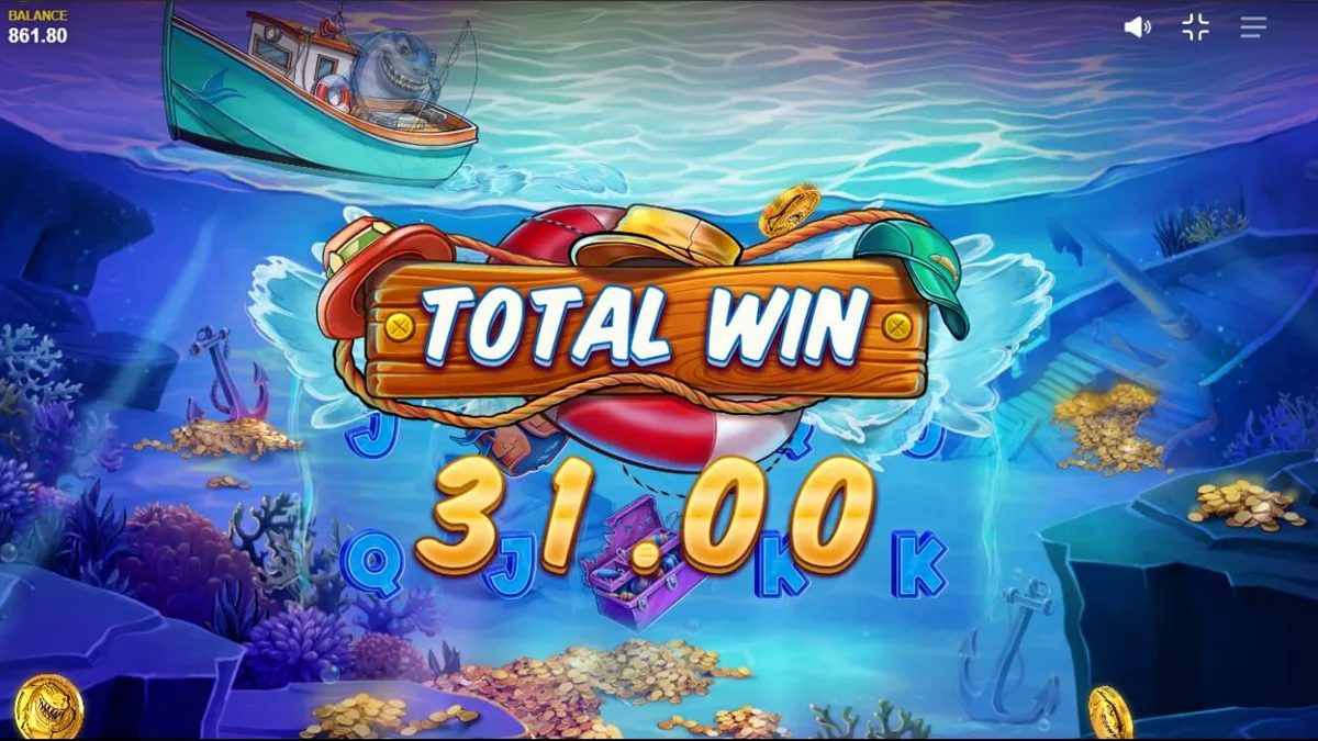 Shark Boss স্লট গেমের ইন্টারফেস যেখানে হাঙর মাছ ধরছে