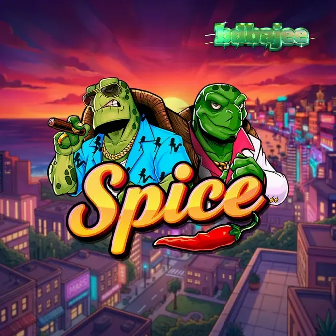 Spice slot game interface featuring the turtle protagonists and the 6x6 grid.